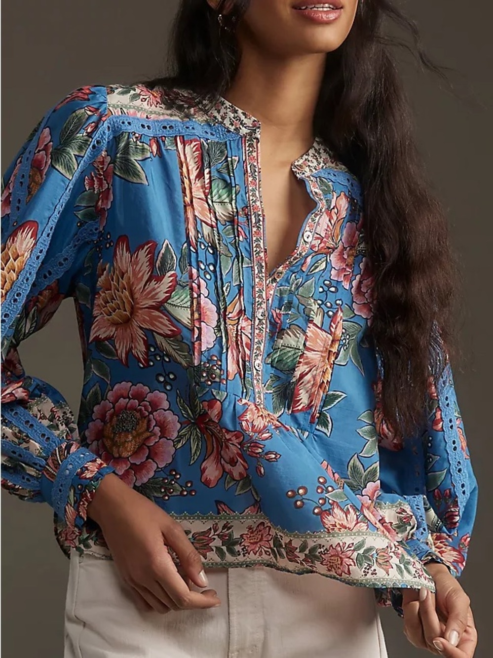 🌺 FARM Rio Wonderful Bouquet Blue Floral Long Sleeve Blouse | Size XS - Picture 3 of 16